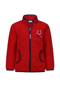 Rote Fleecejacke mit hohem Kragen, marineblauer Besatz, zwei seitlichen Taschen und gesticktem "Good Vibes" mit Sternen und Hufeisen-Design.