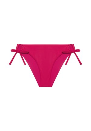 Bright pink bikini bottoms with side ties, simple design, flat lay on white background.