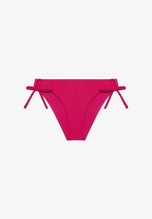 Bright pink bikini bottoms with side ties, simple design, flat lay on white background.