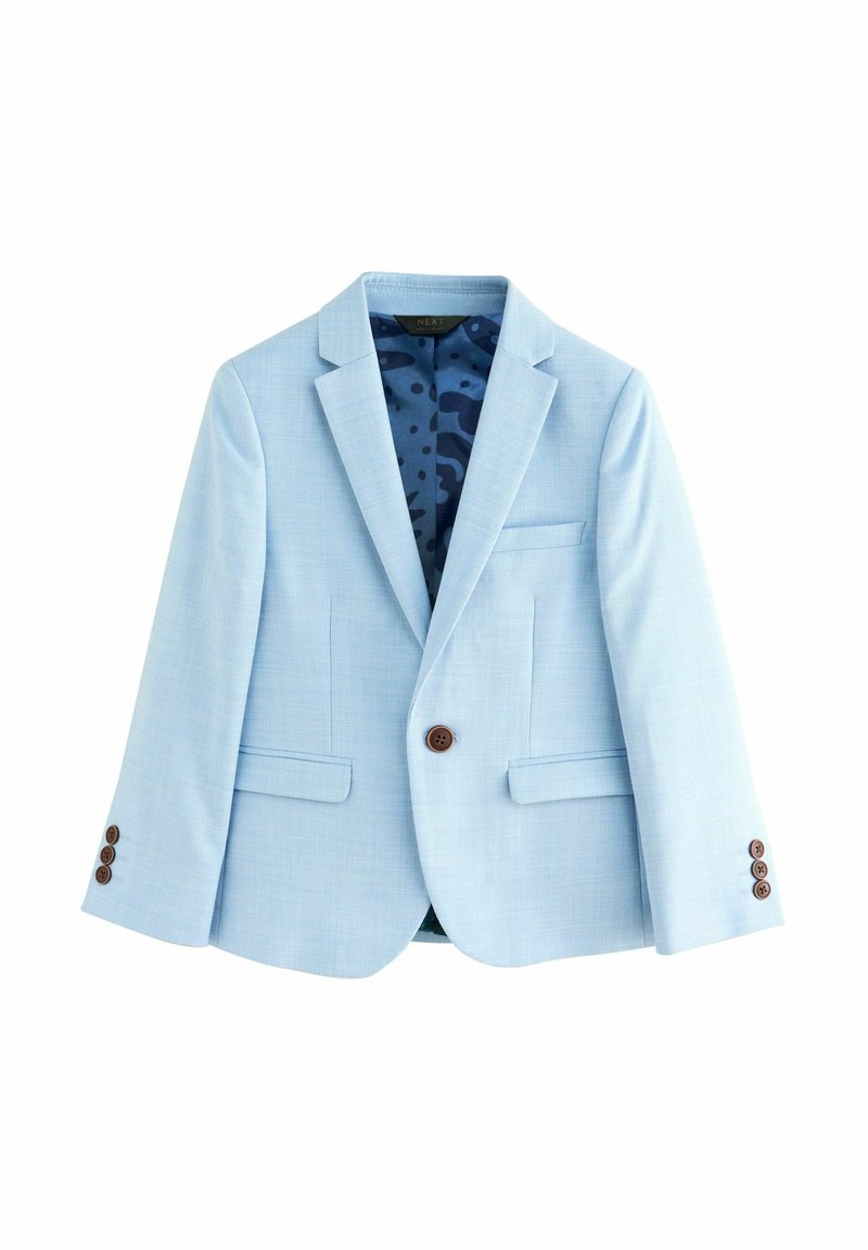 Hellblaues Blazer aus strukturiertem Stoff, mit zwei Vordertaschen, braunen Knöpfen und einem marineblauen, gemusterten Innenfutter. Schmaler Schnitt und strukturierte Gestaltung.