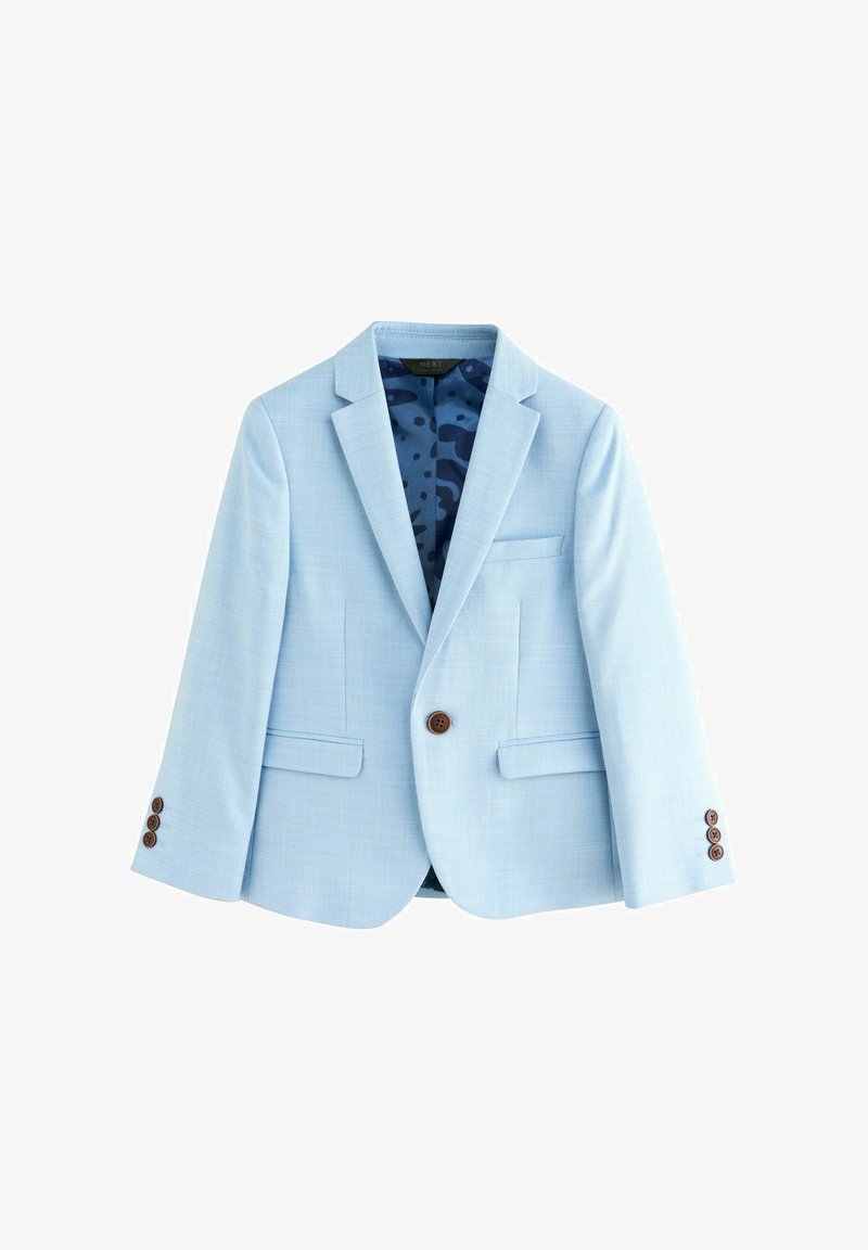 Light blue single-button blazer with notch lapels, front flap pockets, and navy patterned inner lining.
