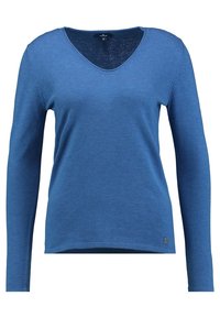 Långärmad V-ringad tröja i mjukt blått tyg, med avslappnad passform och en liten logotyp på nedersta vänstra sidan.