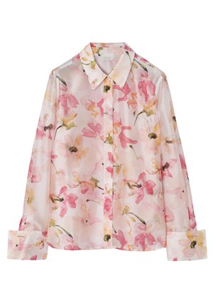 Transparent langærmet bluse med akvarel-stil pink og gul blomsterprint, spidst krave, knaplukning ved ærmekanter og skjulte knapper foran.