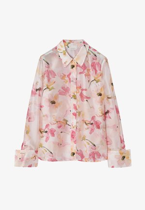 Transparent langærmet bluse med akvarel-stil pink og gul blomsterprint, spidst krave, knaplukning ved ærmekanter og skjulte knapper foran.