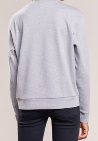 Grauer Sweatshirt mit langen Ärmeln, geripptem Ausschnitt und Saum. Hat eine entspannte Passform und eine glatte Textur, von hinten betrachtet.