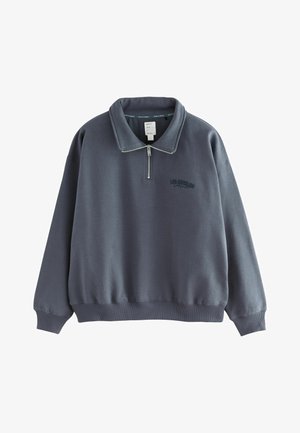 Maglione grigio con zip al colletto, polsini e orlo elasticizzati, caratterizzato da un sottile logo ricamato "LOS ANGELES" in verde scuro.