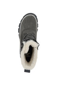 Stivaletto grigio in suede con superficie testurizzata, fodera in pelliccia sintetica bianca e suola in gomma nera. Presenta una chiusura con lacci e cuciture a contrasto.