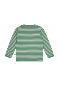 Langärmliges T-Shirt in Grün, mit weißen horizontalen Streifen. Weiches Baumwollmaterial mit rundem Hals und einem kleinen Akzent-Tag.