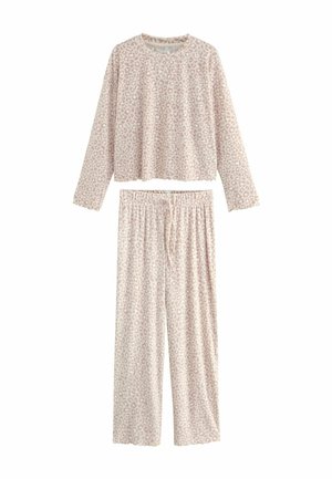 Langärmliges Oberteil und lässige Hose mit elastischem Bund in einem hellbeigen Farbton mit dezentem rosa Leopardenmuster.