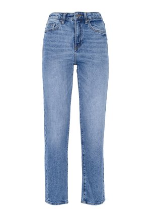 Jeans dritti di colore azzurro chiaro in denim con vita alta. Presentano una chiusura con bottone, cinque tasche e una leggera scoloritura sul tessuto.