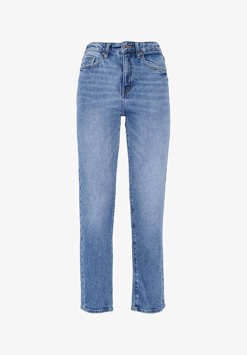 Jeans dritti di colore azzurro chiaro in denim con vita alta. Presentano una chiusura con bottone, cinque tasche e una leggera scoloritura sul tessuto.
