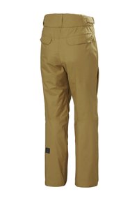 Khaki waterdichte broek met een rechte snit, elastische taille, twee achterzakken en versterkte naden voor duurzaamheid. Gladde, matte textuur.