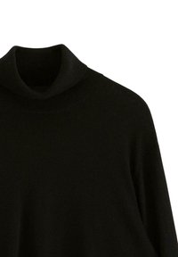 Černý rolák s ribbovaným límcem, měkkou texturou a dlouhými rukávy, s volným střihem a minimalistickým designem.
