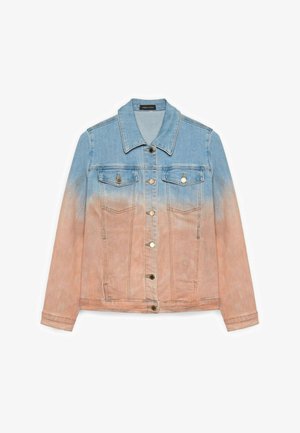 Denim jacket with button front, chest flap pockets, and dip-dye effect transitioning from blue at top to peach at bottom.