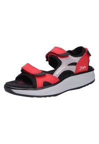 Red and gray athletic sandal with adjustable Velcro straps, rubber sole, and cushioned footbed. Features breathable mesh inserts.