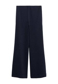 Pantalons larges bleu marine à taille haute, sans fermetures ni poches visibles, présentés sur un fond blanc.