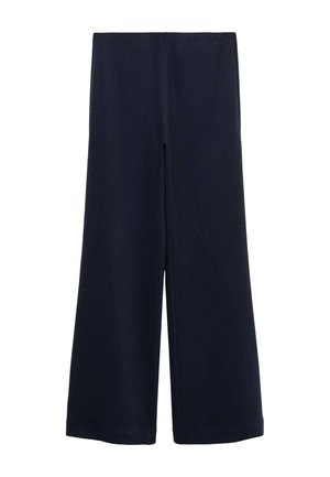 Navy blue wide-leg pants with a high waist and no visible fasteners or pockets, displayed on a white background.