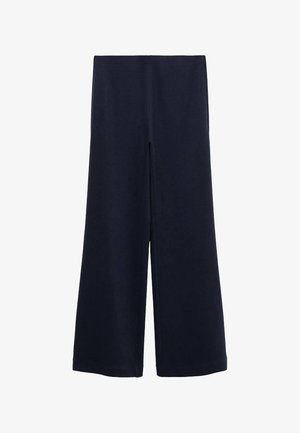 Navy blue wide-leg pants with a high waist and no visible fasteners or pockets, displayed on a white background.