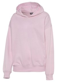 Felpa rosa chiaro realizzata in tessuto morbido. Presenta un cappuccio ampio, polsini e orlo a coste. Design semplice senza motivi o dettagli visibili.