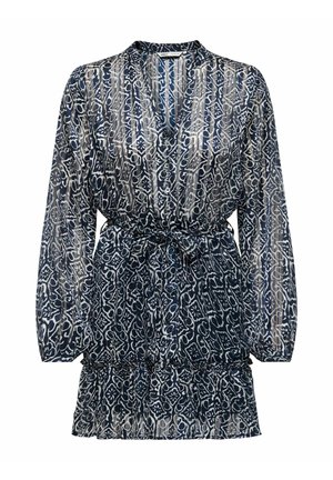 Robe longue en voile bleu marine à manches longues avec motif floral et géométrique blanc, col en V, boutons, taille élastique et ourlet à volants.