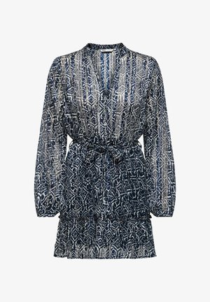 Tumesinine läbipaistev pikkade varrukatega kleit valge lille- ja geomeetrilise mustriga, V-kaelusega, nööpidega, elastse vöökohaga ja volangidega äär.