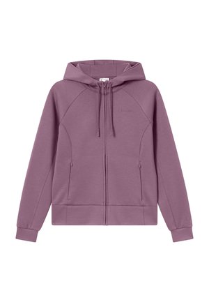 Felpa con cappuccio viola con cerniera, realizzata in tessuto morbido. Dotata di cappuccio con coulisse, tasche a marsupio e polsini a coste. Design semplice e moderno.