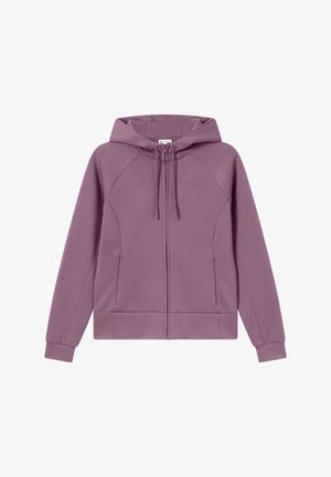Felpa con cappuccio viola con cerniera, realizzata in tessuto morbido. Dotata di cappuccio con coulisse, tasche a marsupio e polsini a coste. Design semplice e moderno.