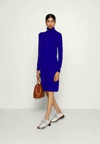 Μπλε φόρεμα με ζιβάγκο και μακριά μανίκια, μήκους μέχρι το γόνατο. Συνδυασμένο με γκρι και ροζ αθλητικά παπούτσια και καφέ τσάντα. Λείος υφασμάτινος χαρακτήρας.