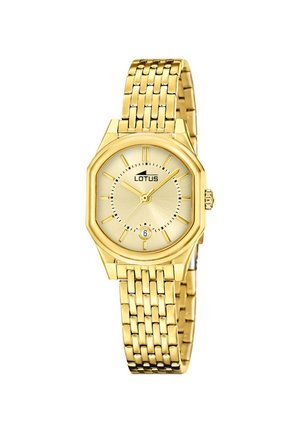 Reloj de pulsera Lotus en tono dorado con una pulsera enlazada, esfera redonda, ventana de fecha a las 6 en punto y marcadores de hora y agujas dorados.