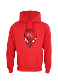 Red hoodie with a front kangaroo pocket, featuring a printed Spider-Man face graphic. Made from soft, warm fabric with adjustable drawstrings.