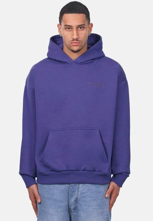 Purple pullover hoodie with a front pocket, drawstring hood, ribbed cuffs, and hem. Features logo text in a lighter shade on the chest.