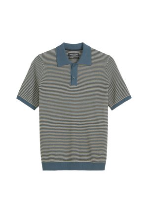 Men's short-sleeve polo shirt in blue and beige stripes, with a solid blue collar, two buttons, and a soft knit texture.