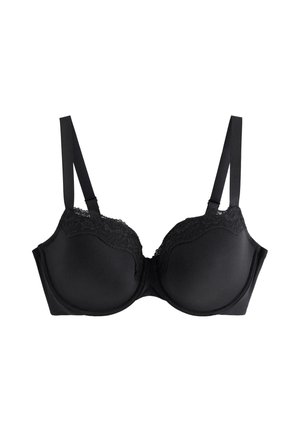 Reggiseno nero imbottito con rifiniture in pizzo sulla parte superiore delle coppe e spalline regolabili, isolato su uno sfondo bianco.