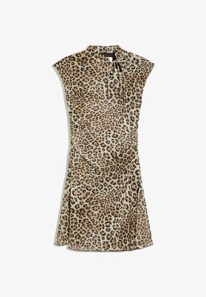 Robe sans manches imprimé léopard avec col montant et détail noué, ourlet évasé et taille cintrée dans des tons beige et marron.