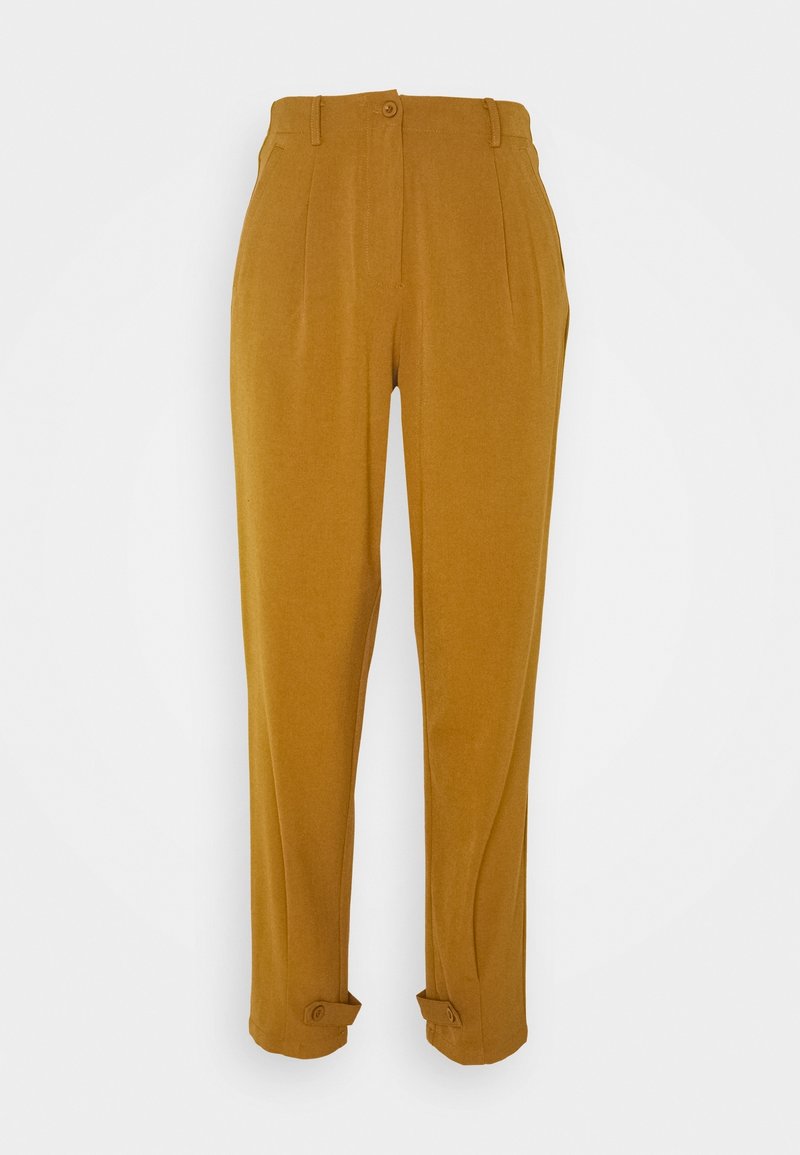 Senfgelbe, taillierte Hose mit hoher Taille, Falten, Knopfverschluss vorne und umgeschlagenen Säumen. Glatte Textur und strukturiertes Design.