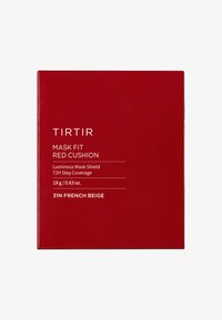 Caja cuadrada roja etiquetada "TIRTIR Mask Fit Red Cushion", con texto blanco; detalles incluyen "Luminous Mask Shield" y "31N French Beige".