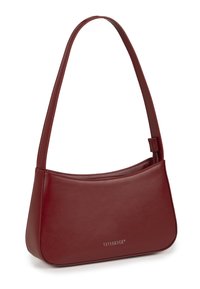 Kleine dunkelrote Leder-Schultertasche mit einem Träger und Reißverschluss, mit dem Logo „VIVISENCE“ auf der Vorderseite.