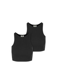 Svarta ribbade crop tops med rund halsringning och ärmlös design. Mjuk textur, figurnära passform och minimalistisk stil. Tvåpack.