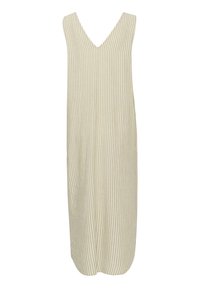 Robe sans manches de couleur crème avec des rayures verticales beiges, présentant un décolleté en V et une coupe décontractée, confectionnée dans un tissu léger.