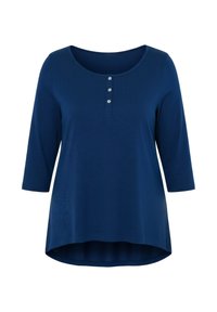 Marineblauw langermig shirt met een ronde halslijn, een drieknoopssluiting en een gebogen zoom. Zachte, gestructureerde stof.