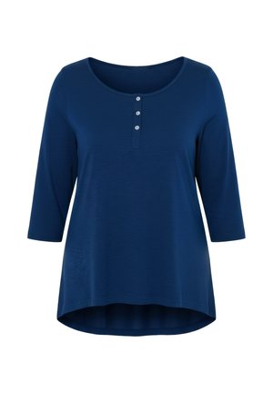 Top blu navy a maniche lunghe con scollo a giro, patta con tre bottoni e orlo curvo. Tessuto morbido e testurizzato.