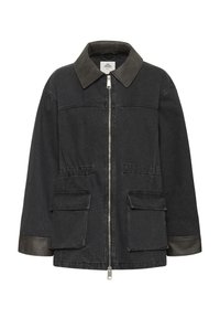 Czarna kurtka dżinsowa z kontrastowym skórzanym kołnierzem, przednim zamkiem błyskawicznym, dwoma naszywanymi kieszeniami i dopasowanym krojem. Gładka faktura, casualowy design.