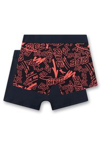 Boxershorts mit einem marineblauen Bund und einem schwarzen Körper, versehen mit einem kontrastierenden roten Graffiti-Print, der Wörter wie "RIDE" und "BIKE" enthält.