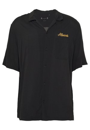 Camicia nera a maniche corte realizzata in tessuto morbido, con chiusura a bottoni sul davanti, una tasca singola e "AllSaints" ricamata in oro.