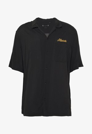 Camicia nera a maniche corte realizzata in tessuto morbido, con chiusura a bottoni sul davanti, una tasca singola e "AllSaints" ricamata in oro.