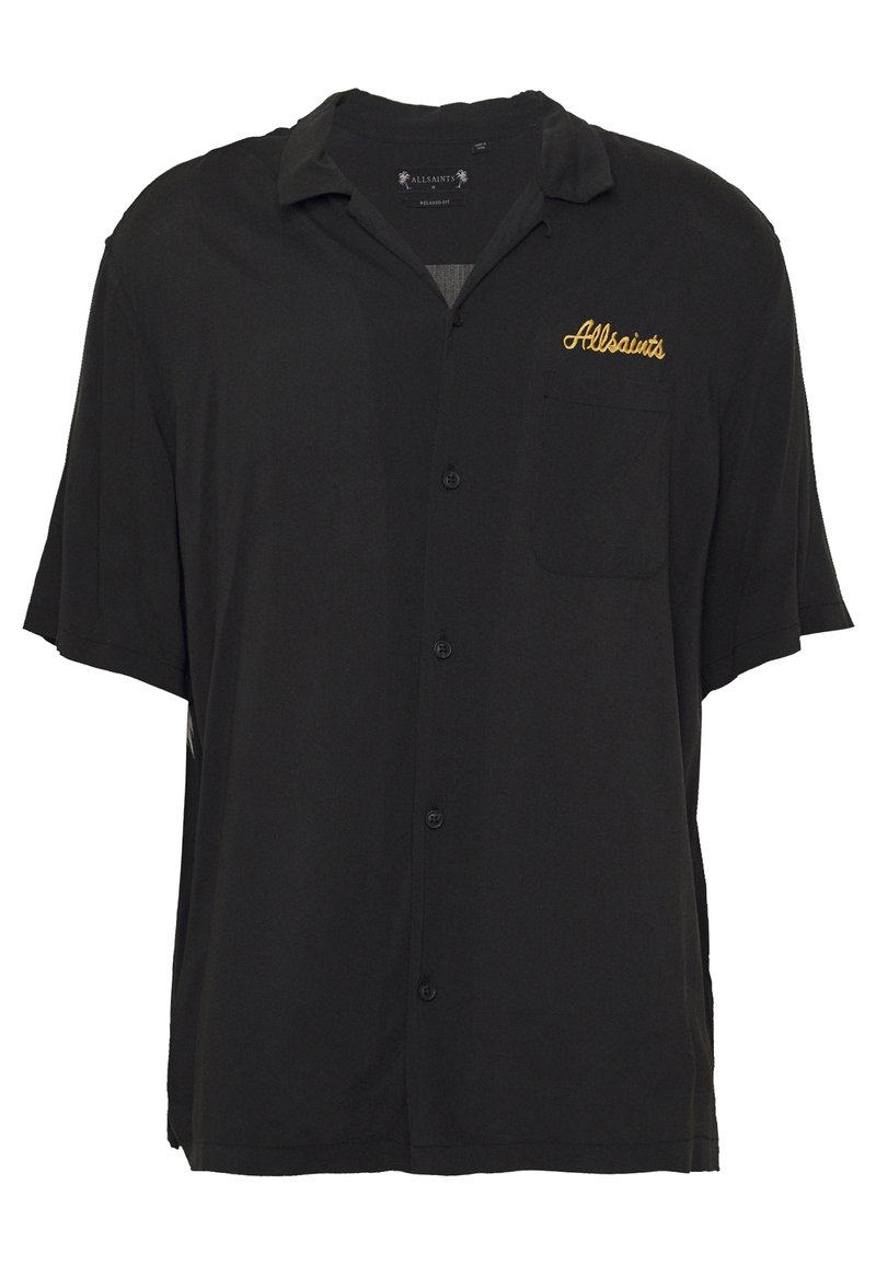 Svart kortärmad skjorta i mjukt tyg, med knapplist fram, en ficka och "AllSaints" broderat i guld.