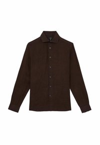 Camisa de mangas largas de color marrón oscuro, hecha de tejido entrelazado. Presenta un cuello de pico, cierre frontal con botones y puños abotonados. Diseño simple y texturizado.