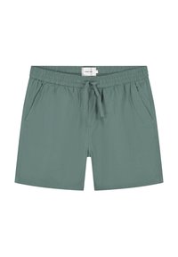 Elastische tailleband shorts in een gedempte groene kleur, gemaakt van textuurstof, met zijzakken en een trekkoordsluiting.