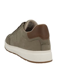 Gray suede sneaker with a brown leather tab, white rubber sole, stitching accents, and perforated detail along the sides.