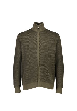 Olivengrøn lynlåsstriktrøje med struktureret mønster, høj krave og ribkantede ærmer og bund. Har en hel længde lynlås foran.